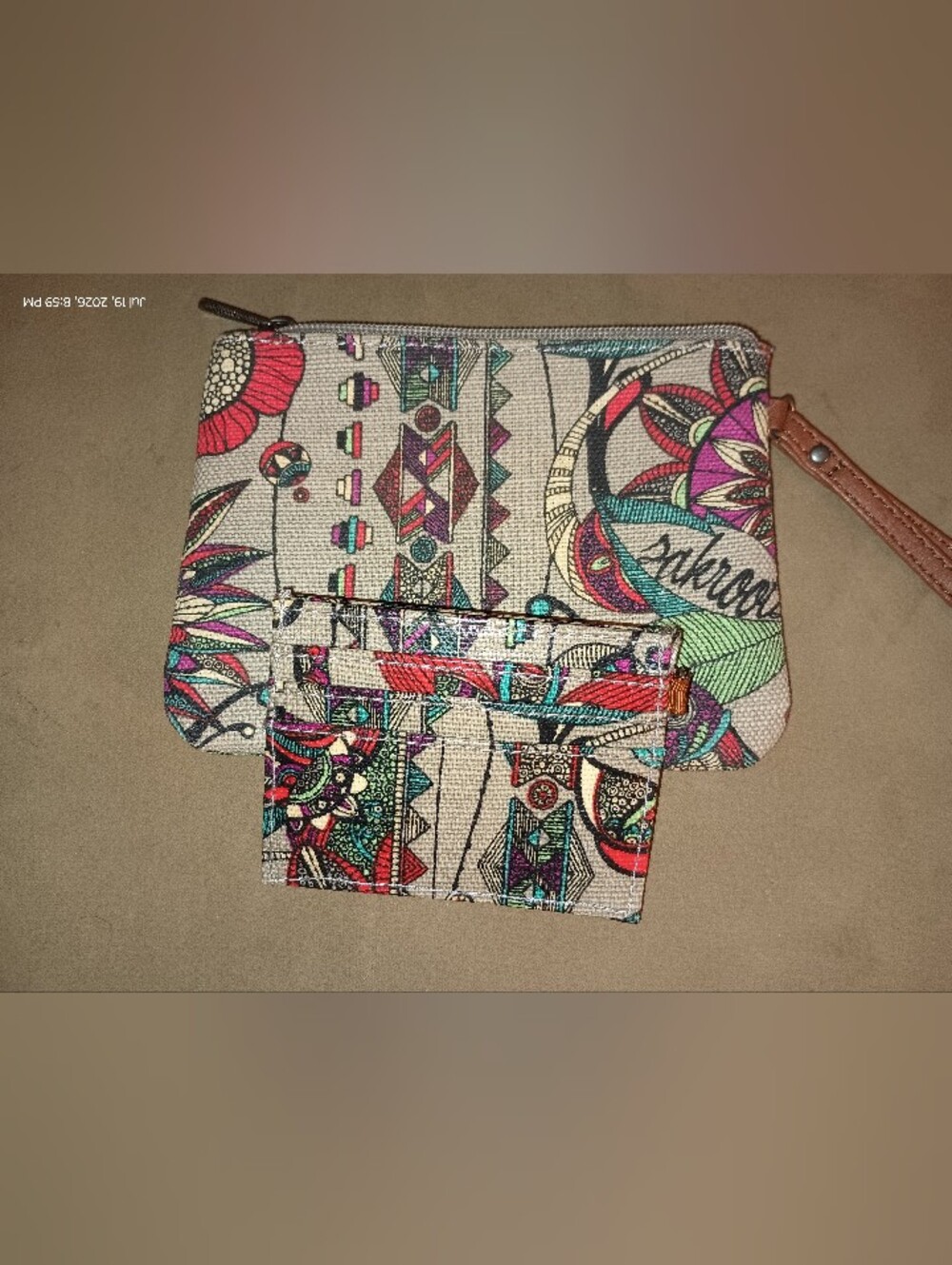 Sakroots Beige Floral Zip Pouch And Wallet Combo with Teal, Red & Pink Accents